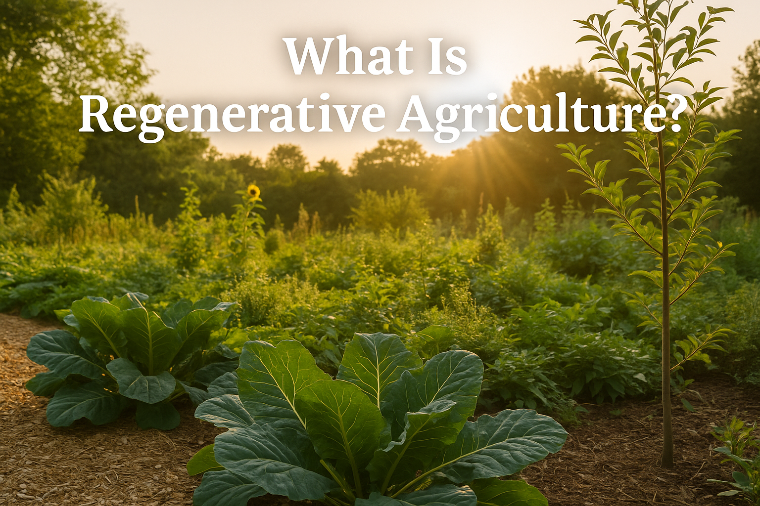 Regenerative agriculture garden with lush green plants, young tree, and sunlight shining through, symbolizing healthy soil and sustainable farming
